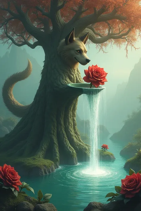  Rose that comes out of a fountain . The fountain comes out of a tree .  The tree is held by a giant dog with a long tail