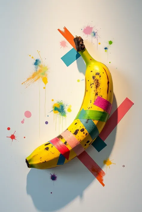 A banana with various water paint color tape to the wall