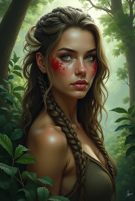  scenery A fair-skinned woman ,  green eyes with tall trees  , Long hair , brown light highlights ,  wavy hair tied in braids half of her head with feathers inside,  she has scars and red war paints on her face 