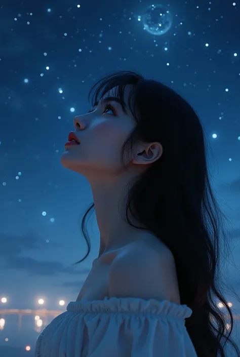 masterpiece, ultra quality, realistic ,a japanese woman looking at night beautiful sky, sexy and beautiful face, skinny body, medium breasts, long black hair,, full body view
