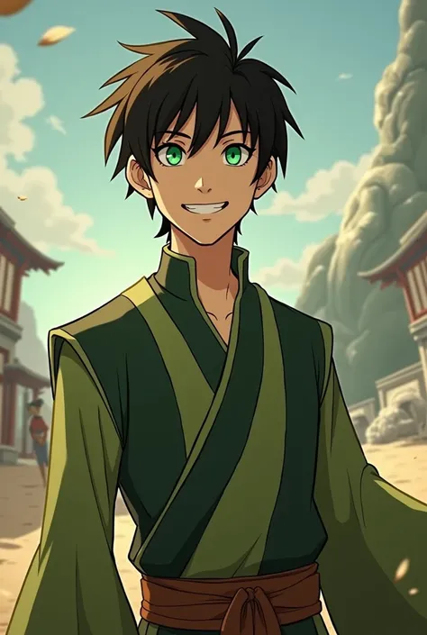 In Avatar: Legend of Korra style. A skinny fit men earthbender and metalbender with Green eyes and dark brown hair, smiling, White skin. Clothes with Green and dark colors.