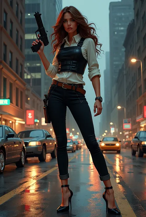 Illustration of a beautiful woman with long brown wavy hair, bulletproof vest, white shirt inside black pants, high heels, pointing a gun straight. Manhattan streets background at night. Grunge and vector style.