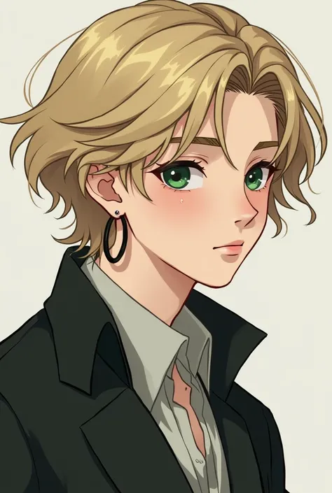 " a 16-year-old boy with hair that goes up to his neck smooth blond white skin he is Asian green eyes Esmeralda he has a very gentle appearance,  his clothes are varied between gray white and black , He wears small hoop earrings around his ear ."