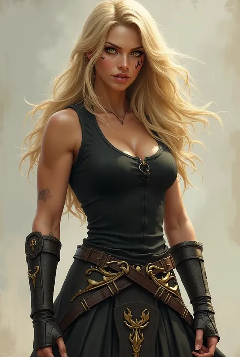  A golden-haired woman in a bun ,  with gold-colored eyes , with a wound on the left side over the lip,  wearing a black glued sleeveless shirt ,  a fingerless glove that covered up to the elbow, a skirt with gold details 