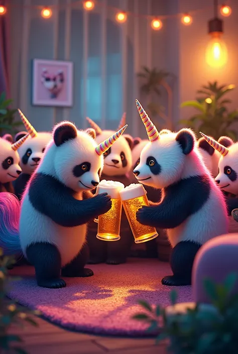 20 rainbow unicorn pandas partying and drinking beers in an apartment 