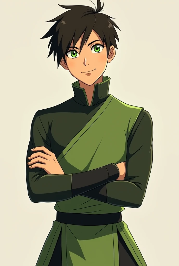 In Avatar: Legend of Korra style. A skinny fit men earthbender and metalbender with Green eyes and dark brown hair, smiling, White skin. Clothes with Green and black colors.