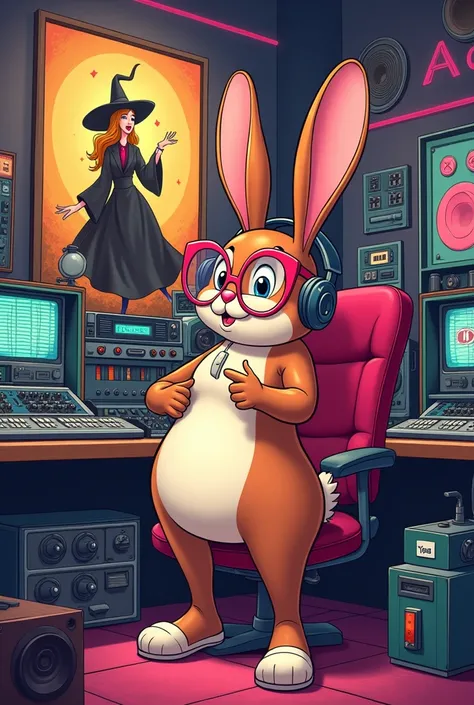 Cartoon of a sexy rabbit with full body and funny lenses with headphones and microphone in a modern radio booth where there are many tapes and consoles and has a painting of a witch with a spell of a witch with a singing spell.