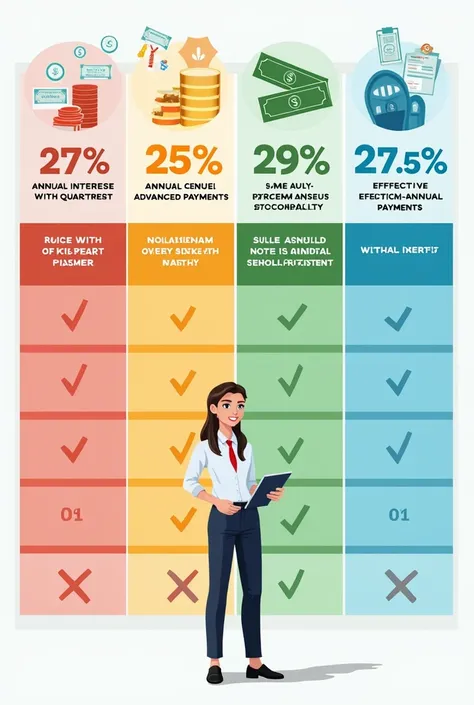 "A visually appealing comparison chart that shows the four investment options with their respective interest rates: 27% annually with quarterly payments, 25% annually with quarterly advanced payments, 27.5% annually with semi-annual payments, and 29% effec...