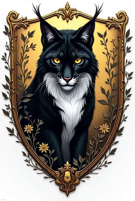 Shield for a promo that has a black and white lynx and that the design is not so complicated and the edges of the golden shield from which branches of plants and weapons come out