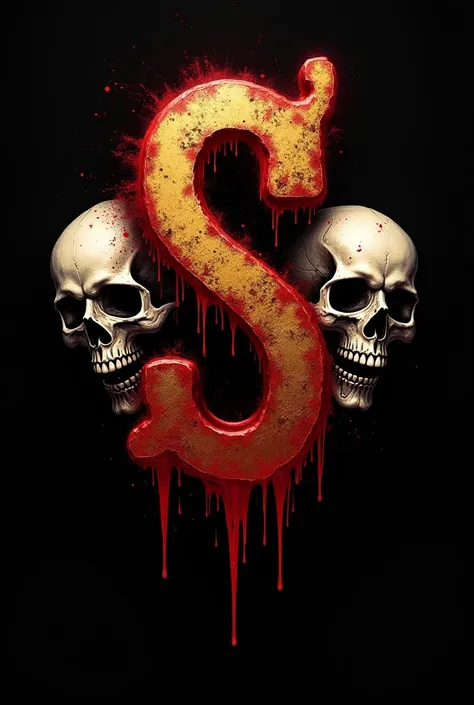 Red and black logo of the letter S in bloody gold with two skulls