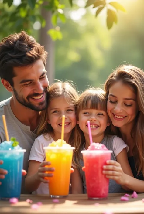 A boy and a girl ages 10 and their mom and dad enjoying a slush