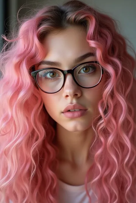 girl with long  pink curly hair, brown eyes, full lips, glasses, gorgeus woman