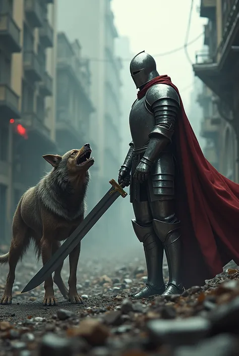  A courageous knight in shining armor ,  wielding a massive sword ,  is facing a demonic dog. The setting is an Apocalypse city , The knight ,  Watch them ,  is preparing to defend himself in an epic battle .  The atmosphere is intense ,  and shadows addin...