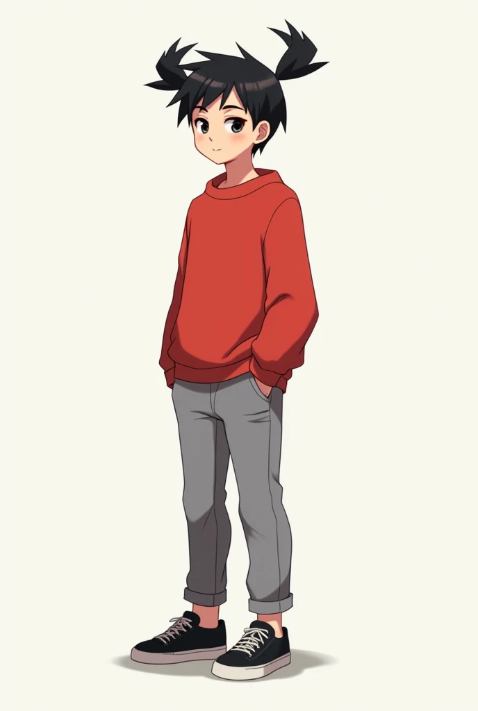 zPDXL, Score_9, Score_8_up, Score_7_up, source_anime, 8K,  absurdres, 1girl, Alone, Miguel Has black hair ,  black eyes, red sweatshirt,  gray pants ,  black sneakers,  an M in the upper right corner of his hair Two raised locks of hair in the upper right ...