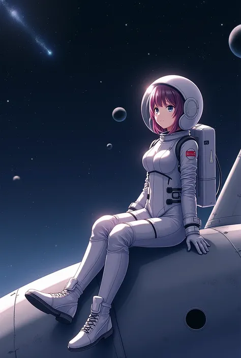 Anime girl in space suit sitting on a space shuttle