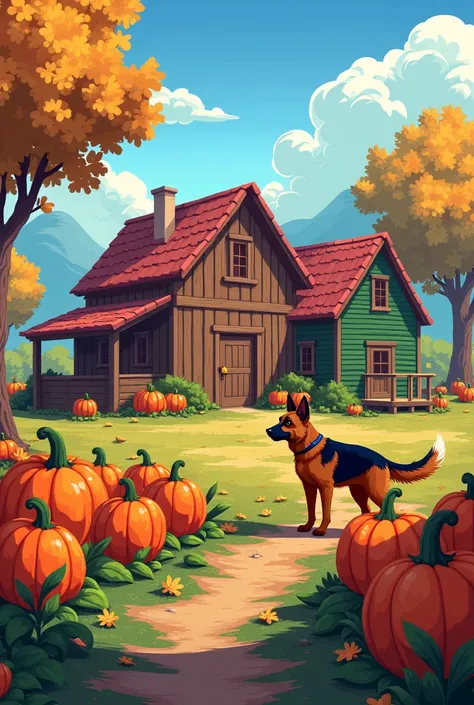 Farm house from strdew valley along side stable . behind that green house from strdew valley.small cabin Infront of house. Crop field  9 pumpkins only and a dog near it.Make fall season.Pixel style like strdew vibe.german shepherd Dog