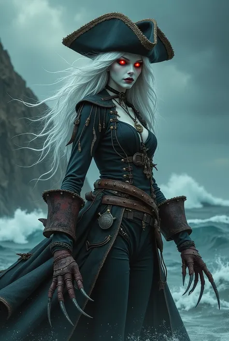 Red-eyed albino vampire dressed as a pirate with metal claws in her hand