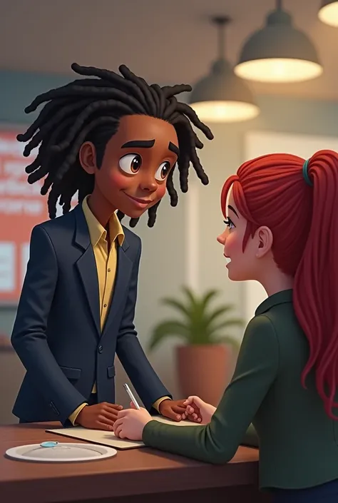 Ekko from arcane/lol, (Young brunette boy with dreadlock) like financial advisor of bank greeting  to a client Young woman red hair