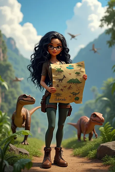 Create an image of a Doll theme game Ark Survival , Background image with different dinosaurs Rio Plantas  , Long black curly hair , wearing glasses, black eyes,from, with big boobs,  clothes style Lara Croft and holding a map with the title Eldorado on th...