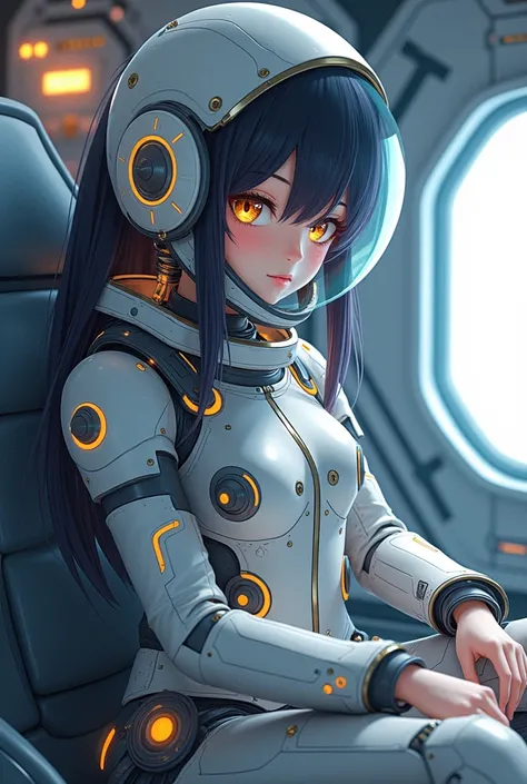 Anime girl wearing a robotic space suit while sitting on a space shuttle with tubes attached to her helmet and mask