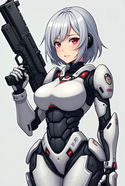 a cartoon picture of a woman with a huge breast holding a gun, cyborg - girl with silver hair, cutesexyrobutts, girl in mecha cyber armor, female mecha, oppai cyberpunk, cute cyborg girl, biomechanical oppai, ferra white mecha, cyberpunk anime girl mech, b...