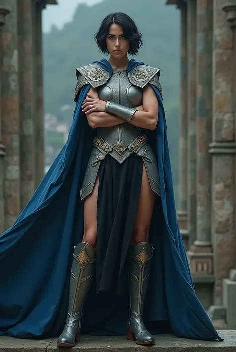  REALISTIC PHOTO of actress Allison Williams , Like an Amazon ,  full body , of DUNGEONS AND DRAGONS, black hair, short cut neck height,  green eyes,  silver steel chest , blue details, noble blue cape ,  black Greek Amazon skirt ,  silver steel boots and ...