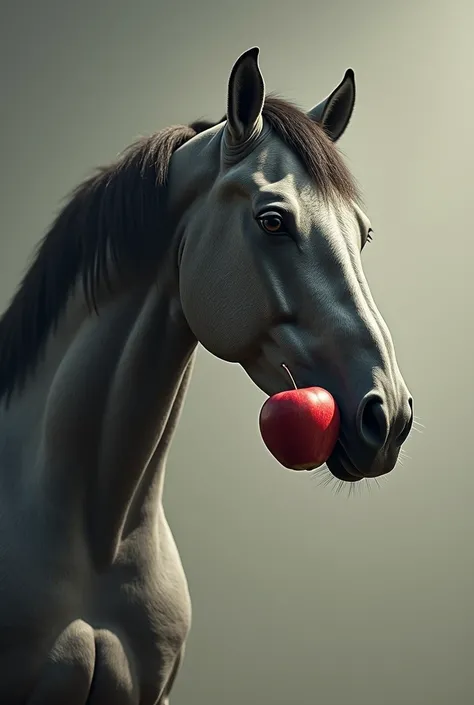 horse with an apple in its mouth from below,  Plato contrapicado 