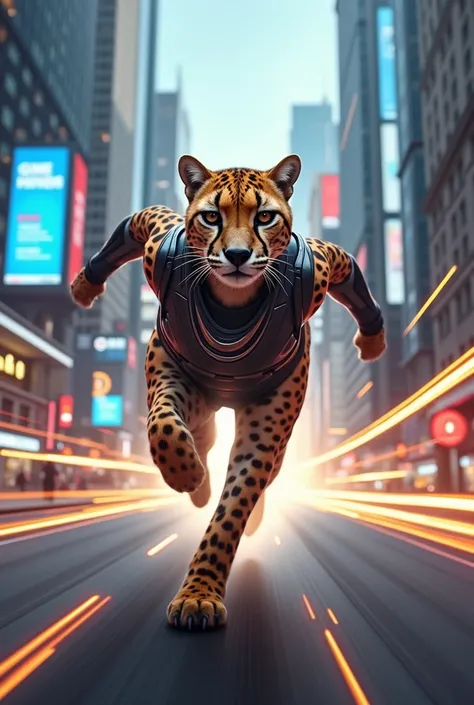 A cheetah sprinting at super speed through a futuristic city, with glowing trails of energy behind it. The cheetah is wearing sleek, high-tech armor, and the background shows skyscrapers with holographic billboards. Marvel-style, full of movement and actio...