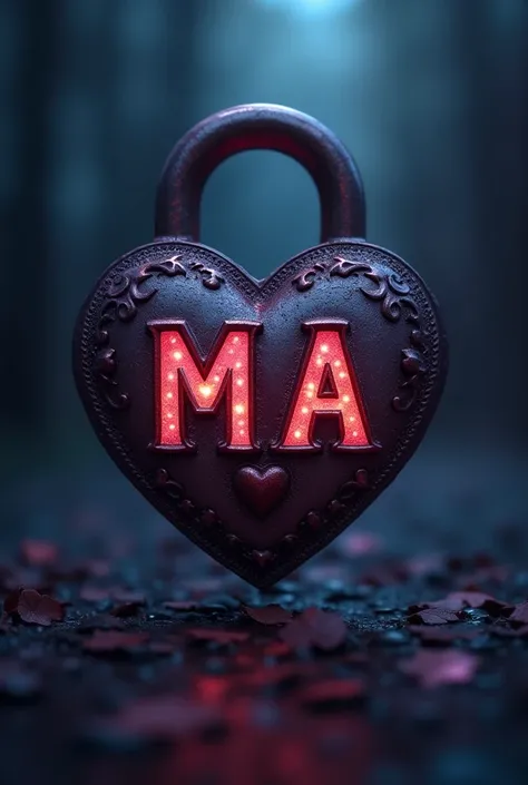 Create a picture where an M and A are on a lock that is heart-shaped uses the colors dark blue and purple and with a black background and the M and the A should be a bit apart 