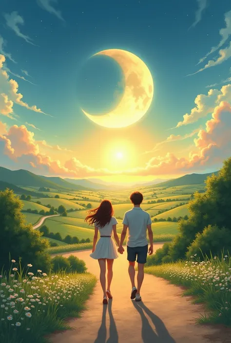 Two lovers are walking along the road, The Sun and the Moon