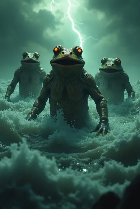 Prompt: "Three grotesque spirits, resembling frogs, emerging from dark, misty waters. They are monstrous, with glowing eyes, slimy textures, and evil expressions, embodying the demonic spirits described in the Bible. The background is apocalyptic, with sto...