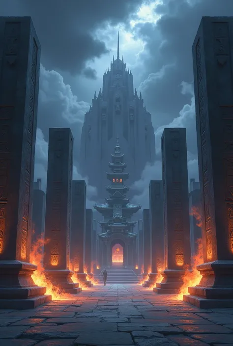 An anime picture of the large square of the Dragon Temple, surrounded by ancient stone pillars and carved symbols illuminated by fire. The sky is covered with dark clouds  
