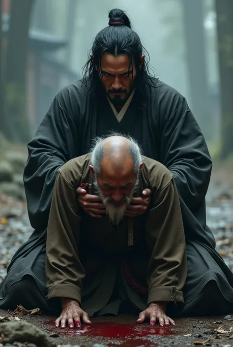 Create the image of actor Keanu Reeves , samurai dress, Kneeling,  holding in his arms the body of a Japanese elder bleeding from sword cuts