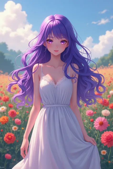 girl, long wavy hair of almost strong purple color ,  Violet Eyes, wearing a white dress walking through a field of flowers, manga anime 