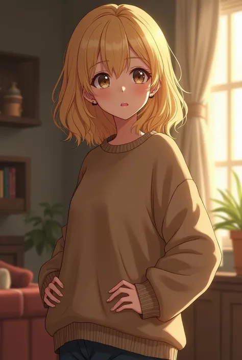 A girl with medium light yellow hair in a coffee sweater, girl standing with her hands on her hips 