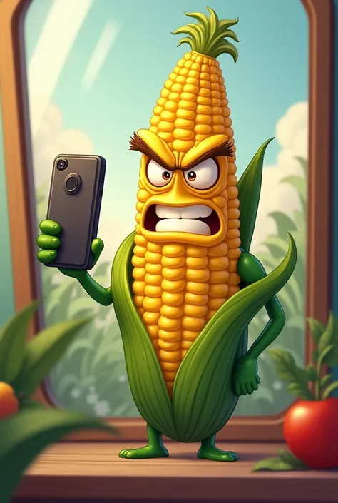 An image of a corn cartoon like taking a picture in front of the mirror and like hes angry taking a selfie male version...
