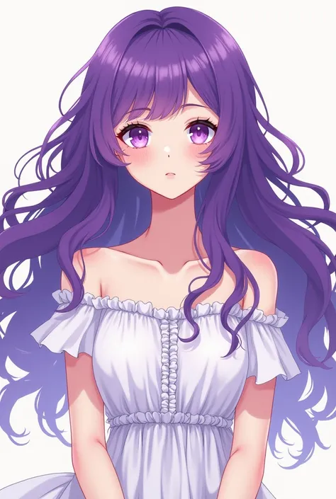 girl,  long wavy hair in strong purple,  Violet Eyes,  in a white dress , Drawing style: manga 