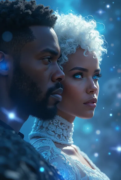 Coverbook : a black man and a multiracial woman with beautiful detailed blue eyes, short curly white hair, deities in the galaxy, realistic, real people, photorealistic, hyper detailed, dramatic lighting, cinematic, volumetric lighting, god-like, ethereal,...