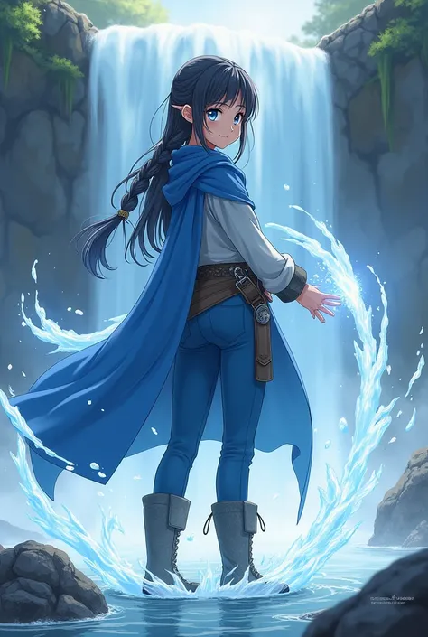 (anime)A teenage girl, with black hair wearing a braid , blue eyes,wearing a blue cloak, blue pants, gray boots,  next to a waterfall and using your hands to levitate the water 