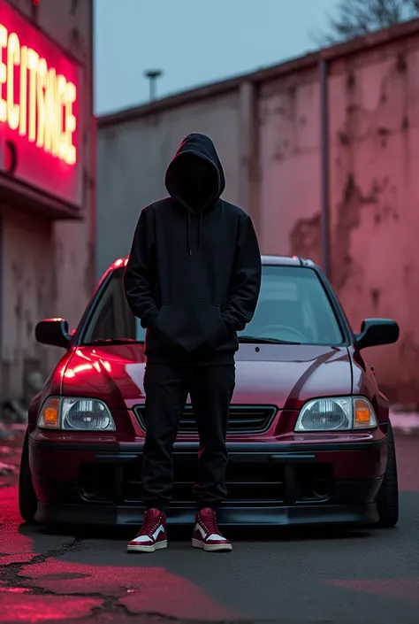 Burgundy honda CRV, RD1, 99,1st gen, slammed stance, crumbling urban parking setting, neon light resistance billboard, man in black hoodie, posing against car, jordan sneakers