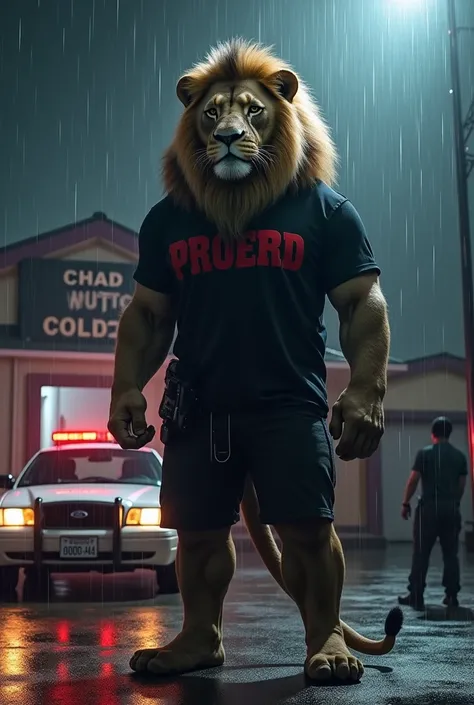 Make a Chad lion with a black t-shirt written in red in the middle PROERD ,He is in front of the police station and next to him is a police car full of thieves in handcuffs without a blouse inside it at night raining full of rays and a strong light comes f...