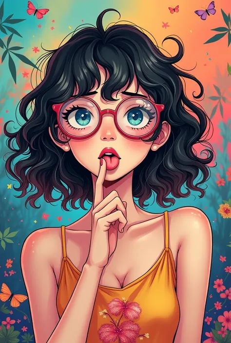 Manga-style nudes of a 14-year-old with curly hair, dark blonde and 3A ,  a delicate face and wearing large, transparent glasses .  she is playing , with her tongue.  The background presents an enchanting and colorful environment ,  highlighting the sleeve...