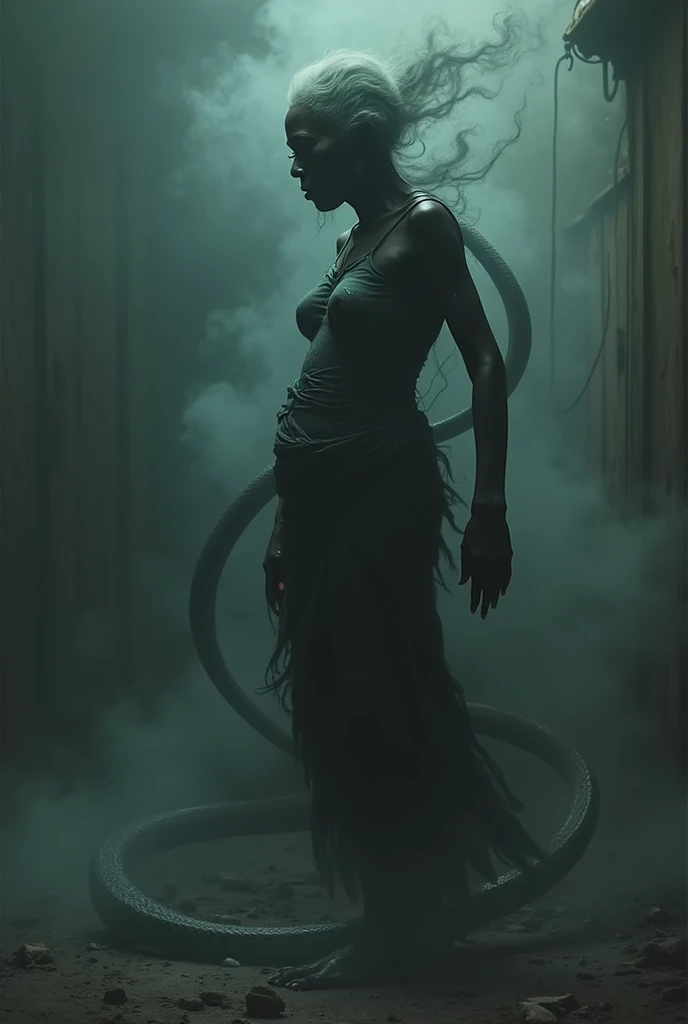 La mère d’Emeka transformée en une créature mi-humaine, mi-serpent
Une silhouette étrange dune vieille femme africaine avec le corps dun serpent et la tête humaine, se tordant dans une posture douloureuse, entourée de fumées sombres, dans un environnement ...