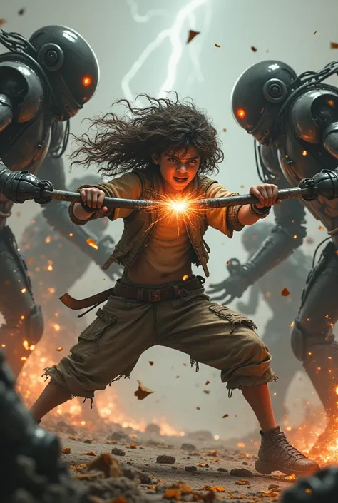 
" An epic battle scene in an apocalyptic landscape .  a teenager ( boy) with extremely long and curly hair ,  with clothes worn and torn by battles and with bandages ,  launches a powerful energy attack with his Hand while hitting a robot enemy in the fac...