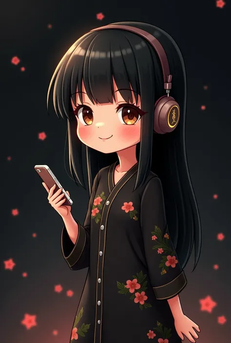 Cartoon, black in color,  straight hair with fringes , black in color, with a flowery plain dress , with headphones,  brown eyes,  expression of delicate happiness, dark background,  with a cell phone in his hand 