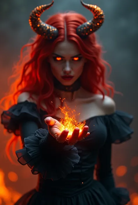 hand front focus, genie, beautifull, sexual, epic demoness girl, front hand with manicure, horns, manicure satanic, bailing_darkness, a girl made of black smoke, fire dress, magic hand,  red  hairs, glowing hairs,  burning fire hairs, gloving eyes, demones...