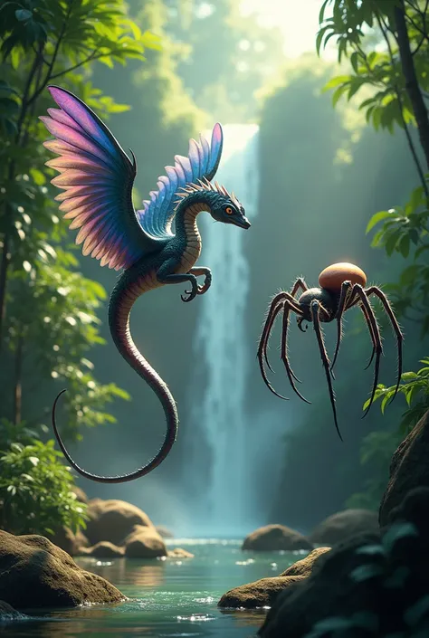 "In a single frame, position an Amphiptere on the left, showcasing its elongated body and vibrant, feathered wings, while a spider is on the right, featuring its spindly legs and iridescent colors. The background should illustrate a lush jungle with cascad...