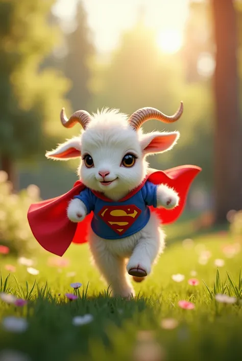 Goat cub using superman costume was playing in park 