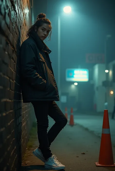 facing forward,Cool photography style, night atmosphere, A young and handsome Sundanese man , long curls in a climactic neat pigtail , wears a casual high-collar black parachute jacket, wears black jeans , white high Converse shoes ,standing leaning front ...