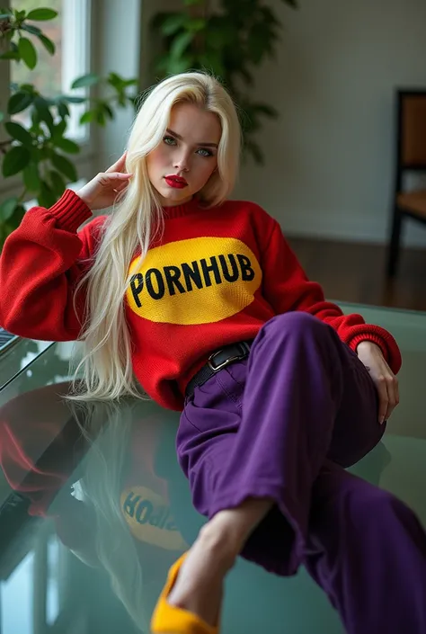  full body, A white Russian woman with long loose blonde hair and green eyes , wearing a wide sweater with unique bright colors that says Pornhub ,  poses lying on a glass table wearing dark purple wide-boot pants with a dragon printed on one side with an ...